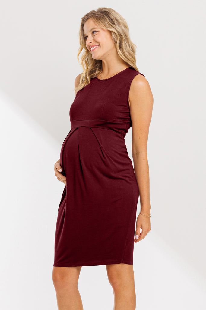 Burgundy Heavy Rayon Span Front Pleat Maternity Dress