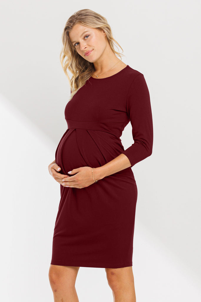 Burgundy Long Sleeve Round Neck Front Pleat Maternity Dress