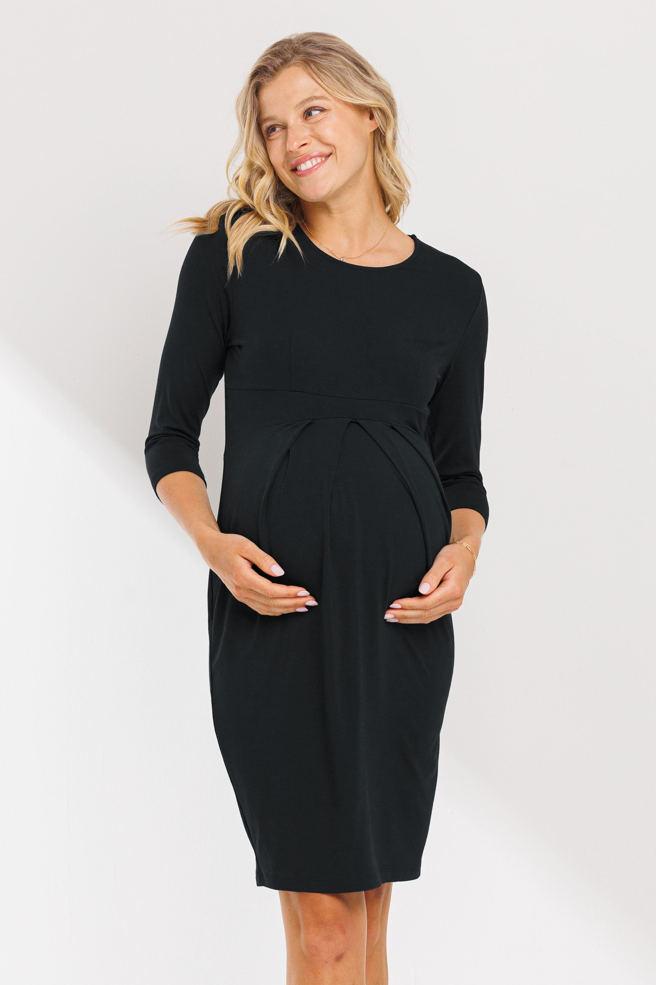 Long Sleeve Round Neck Front Pleat Maternity Dress Black / MEDIUM Long Sleeve Round Neck Front Pleat Maternity Dress Black / MEDIUM