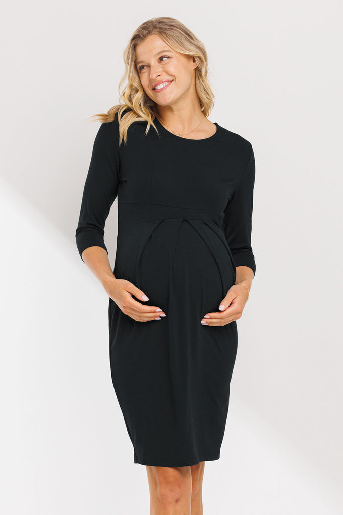 Black Long Sleeve Round Neck Front Pleat Maternity Dress