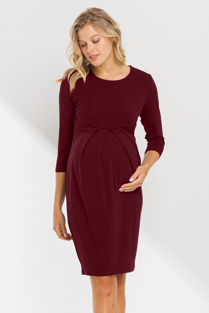 Burgundy Long Sleeve Round Neck Front Pleat Maternity Dress