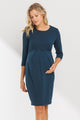Teal Long Sleeve Round Neck Front Pleat Maternity Dress
