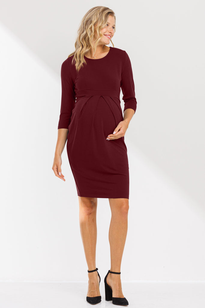 Burgundy Long Sleeve Round Neck Front Pleat Maternity Dress