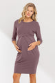 Dark Mauve Long Sleeve Round Neck Front Pleat Maternity Dress