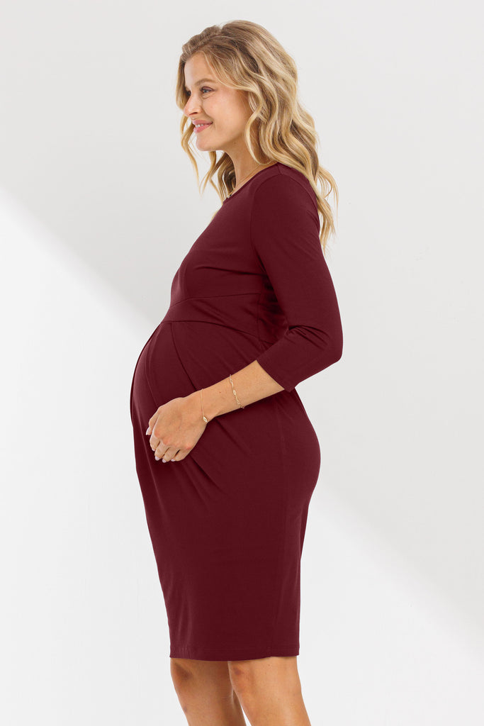 Burgundy Long Sleeve Round Neck Front Pleat Maternity Dress