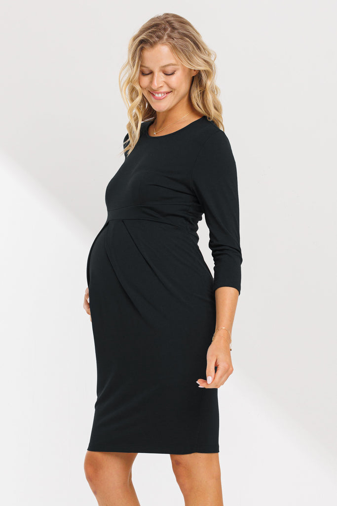 Black Long Sleeve Round Neck Front Pleat Maternity Dress