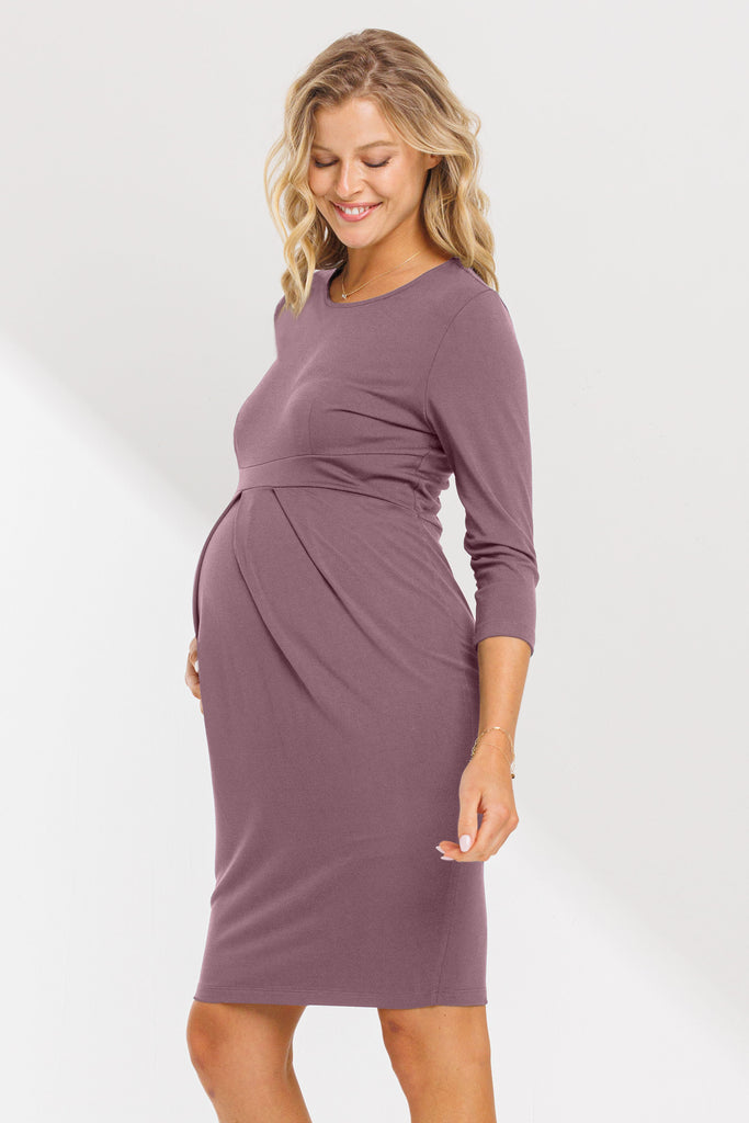 Dark Mauve Long Sleeve Round Neck Front Pleat Maternity Dress