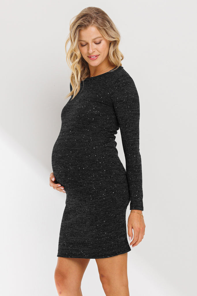 Black Rib Knit Round Neck Glitter Maternity Dress