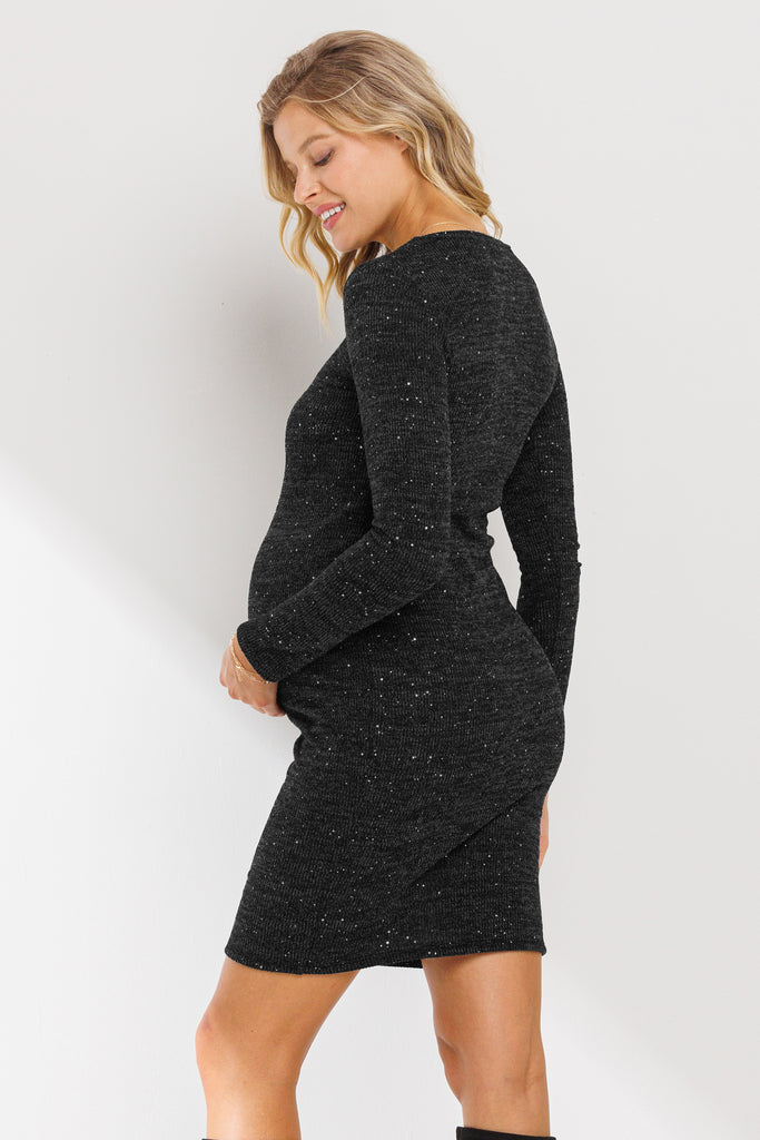 Black Rib Knit Round Neck Glitter Maternity Dress