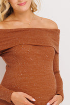 Rust Off Shoulder Sequin-Glitter Maternity Dress