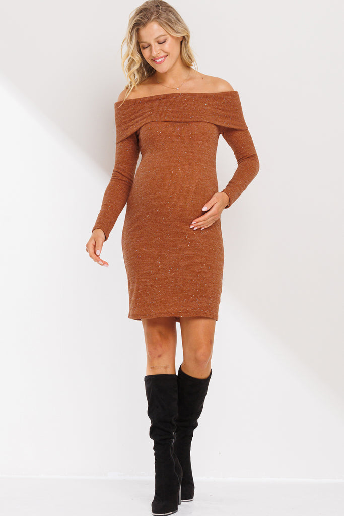 Rust Off Shoulder Sequin-Glitter Maternity Dress