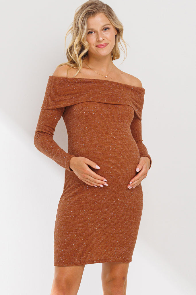 Rust Off Shoulder Sequin-Glitter Maternity Dress