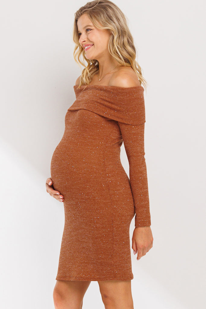 Rust Off Shoulder Sequin-Glitter Maternity Dress