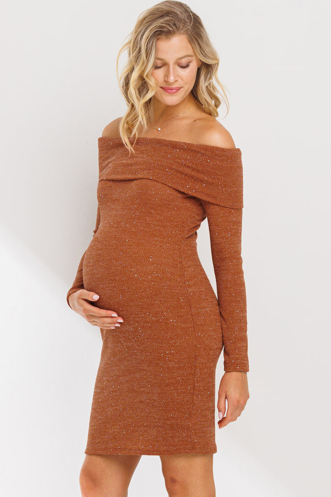 Rust Off Shoulder Sequin-Glitter Maternity Dress