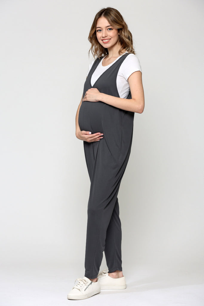 Charcoal Deep V Sleeveless Maternity Jumpsuit