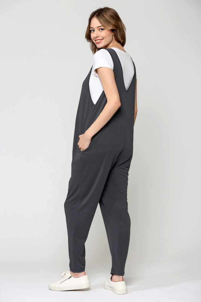 Charcoal Deep V Sleeveless Maternity Jumpsuit