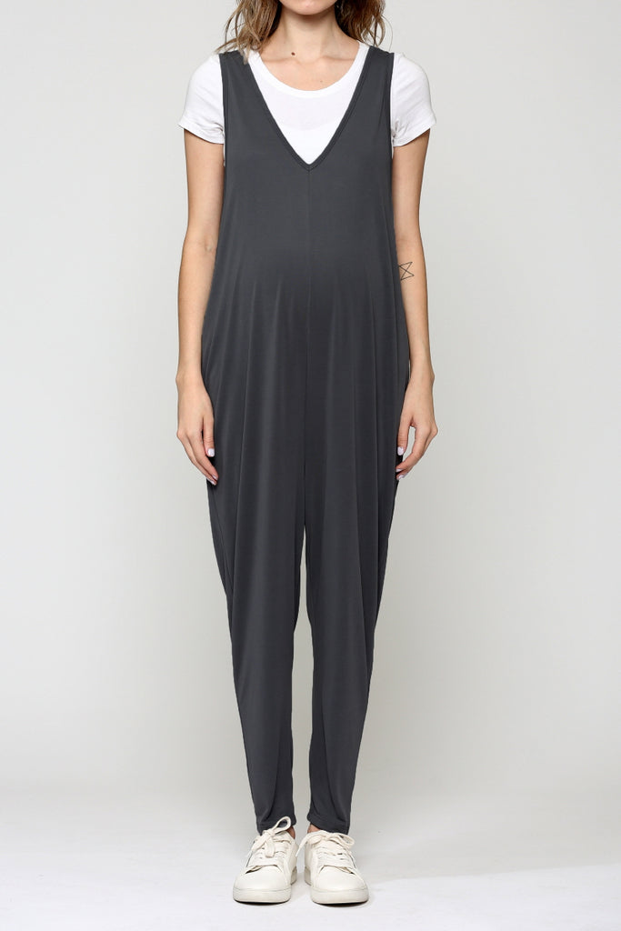 Charcoal Deep V Sleeveless Maternity Jumpsuit