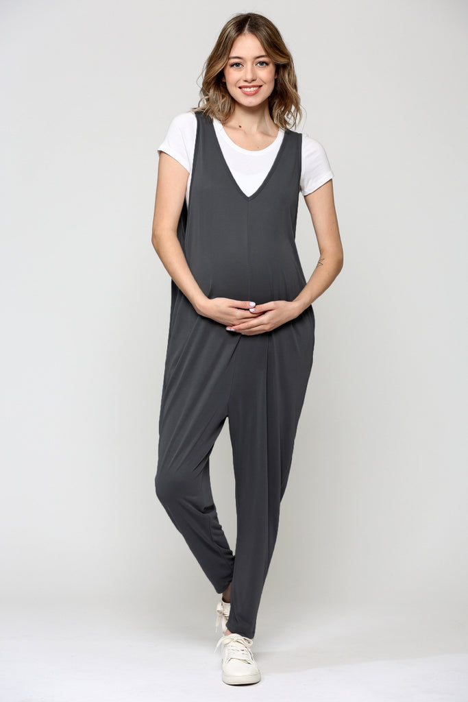 Charcoal Deep V Sleeveless Maternity Jumpsuit