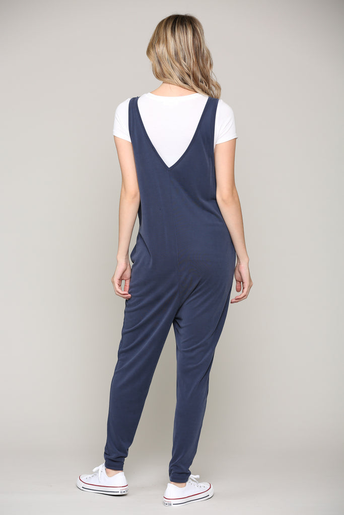 Navy Deep V Sleeveless Maternity Jumpsuit