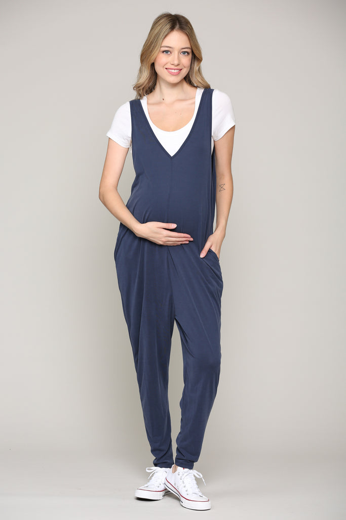 Navy Deep V Sleeveless Maternity Jumpsuit