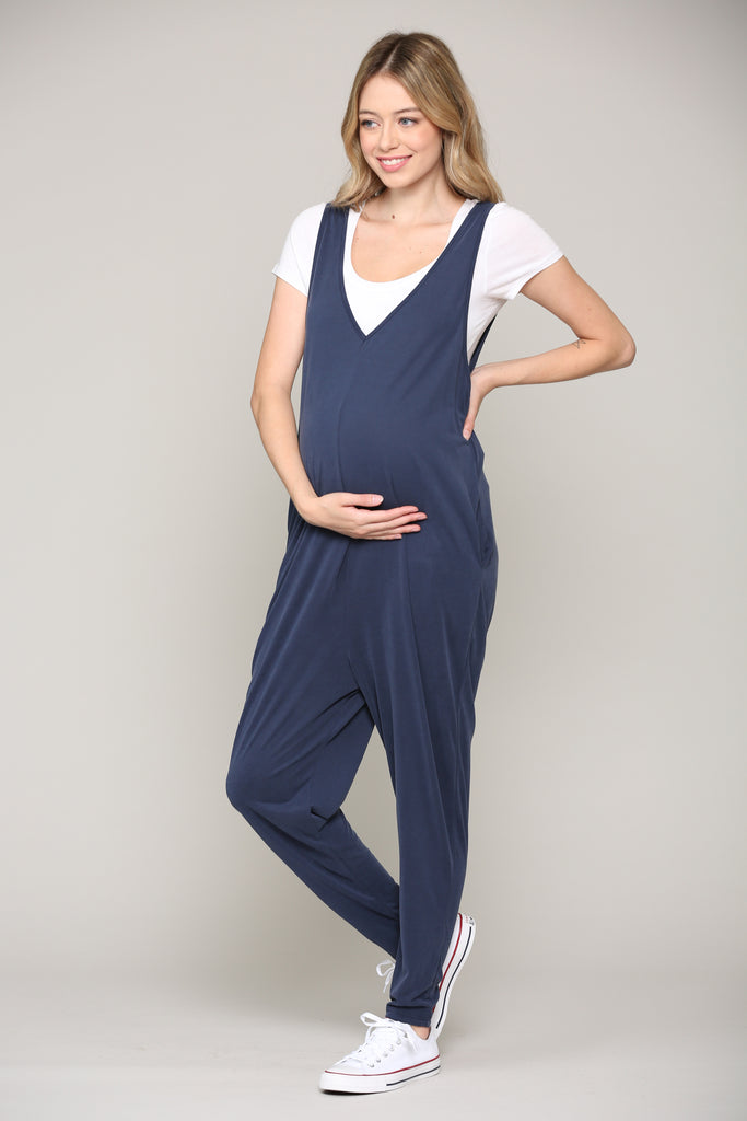 Navy Deep V Sleeveless Maternity Jumpsuit