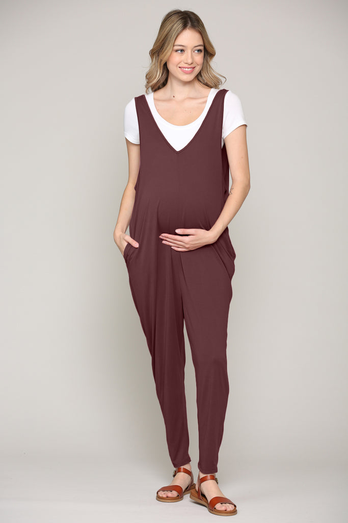 Red Bean Deep V Sleeveless Maternity Jumpsuit