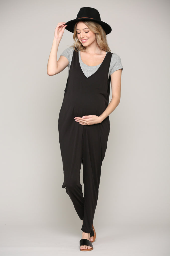 Black Deep V Sleeveless Maternity Jumpsuit