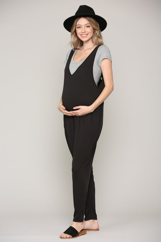 Black Deep V Sleeveless Maternity Jumpsuit