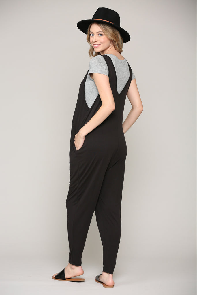 Black Deep V Sleeveless Maternity Jumpsuit