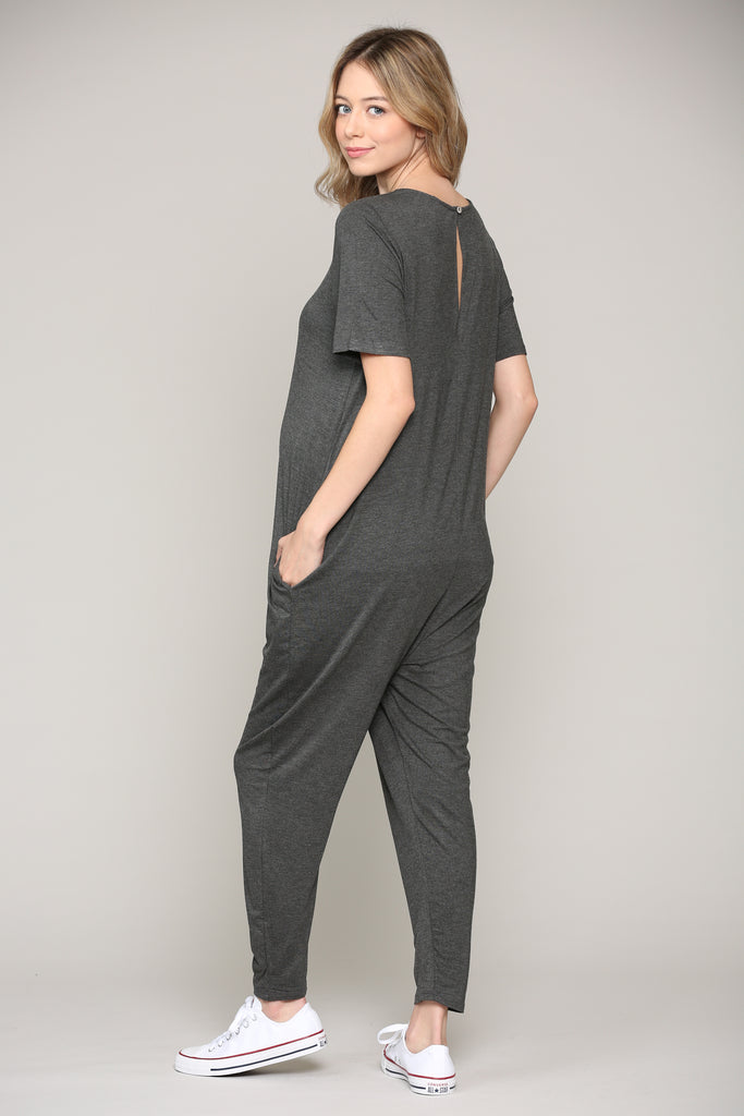 Charcoal Solid Modal Keyhole Back Jogger Maternity Jumpsuit