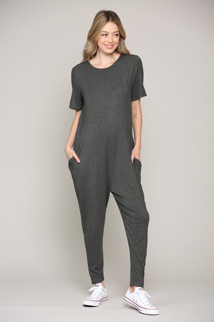 Charcoal Solid Modal Keyhole Back Jogger Maternity Jumpsuit