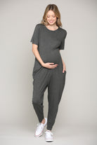 Charcoal Solid Modal Keyhole Back Jogger Maternity Jumpsuit