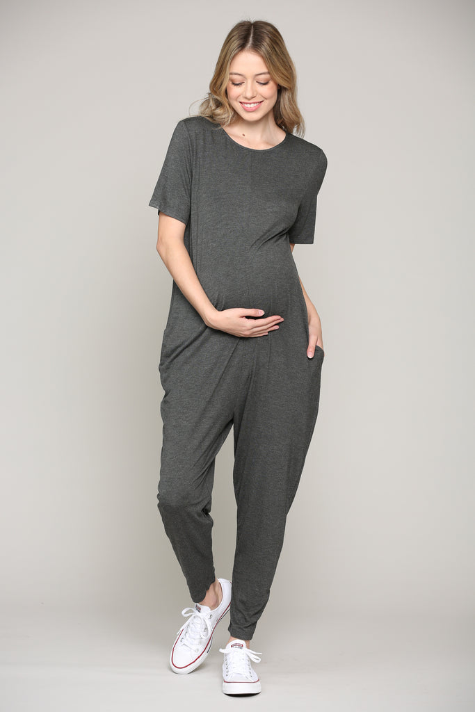 Charcoal Solid Modal Keyhole Back Jogger Maternity Jumpsuit