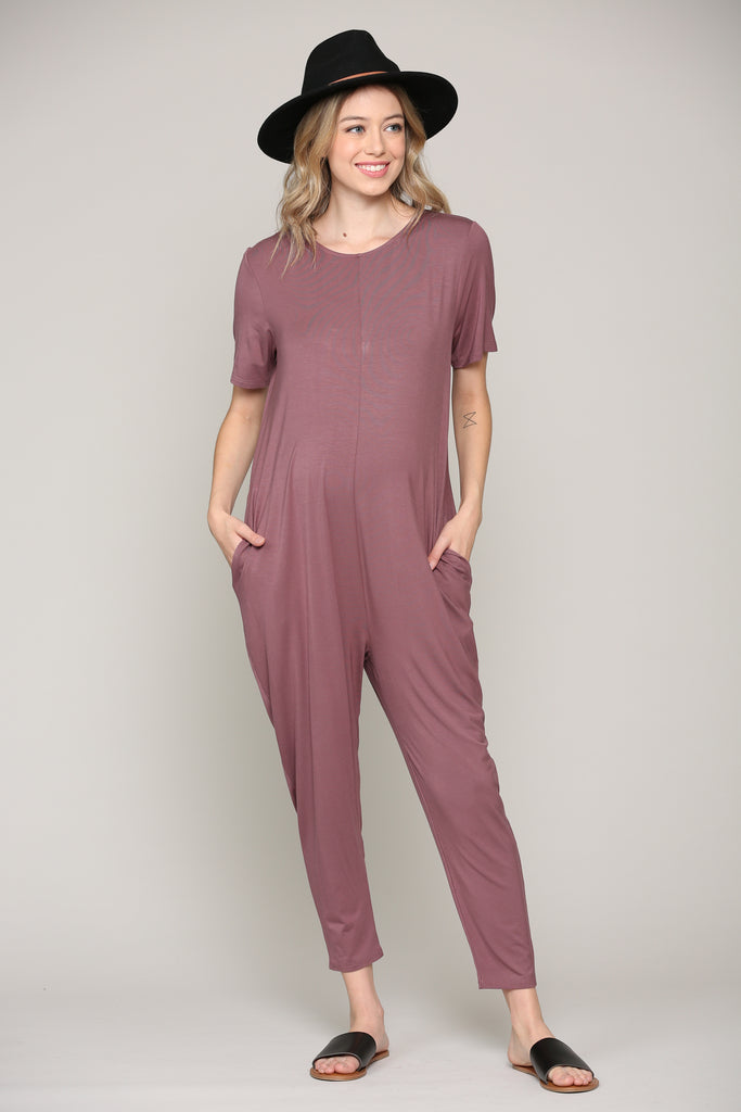 Dark Mauve Solid Modal Keyhole Back Jogger Maternity Jumpsuit