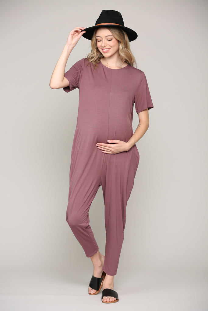 Dark Mauve Solid Modal Keyhole Back Jogger Maternity Jumpsuit