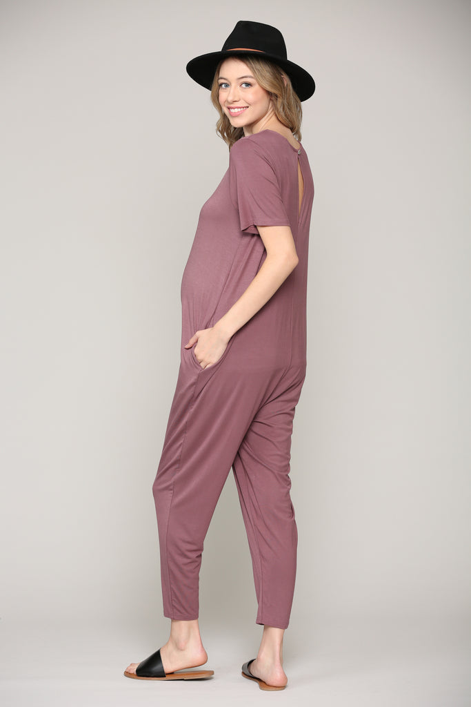 Dark Mauve Solid Modal Keyhole Back Jogger Maternity Jumpsuit