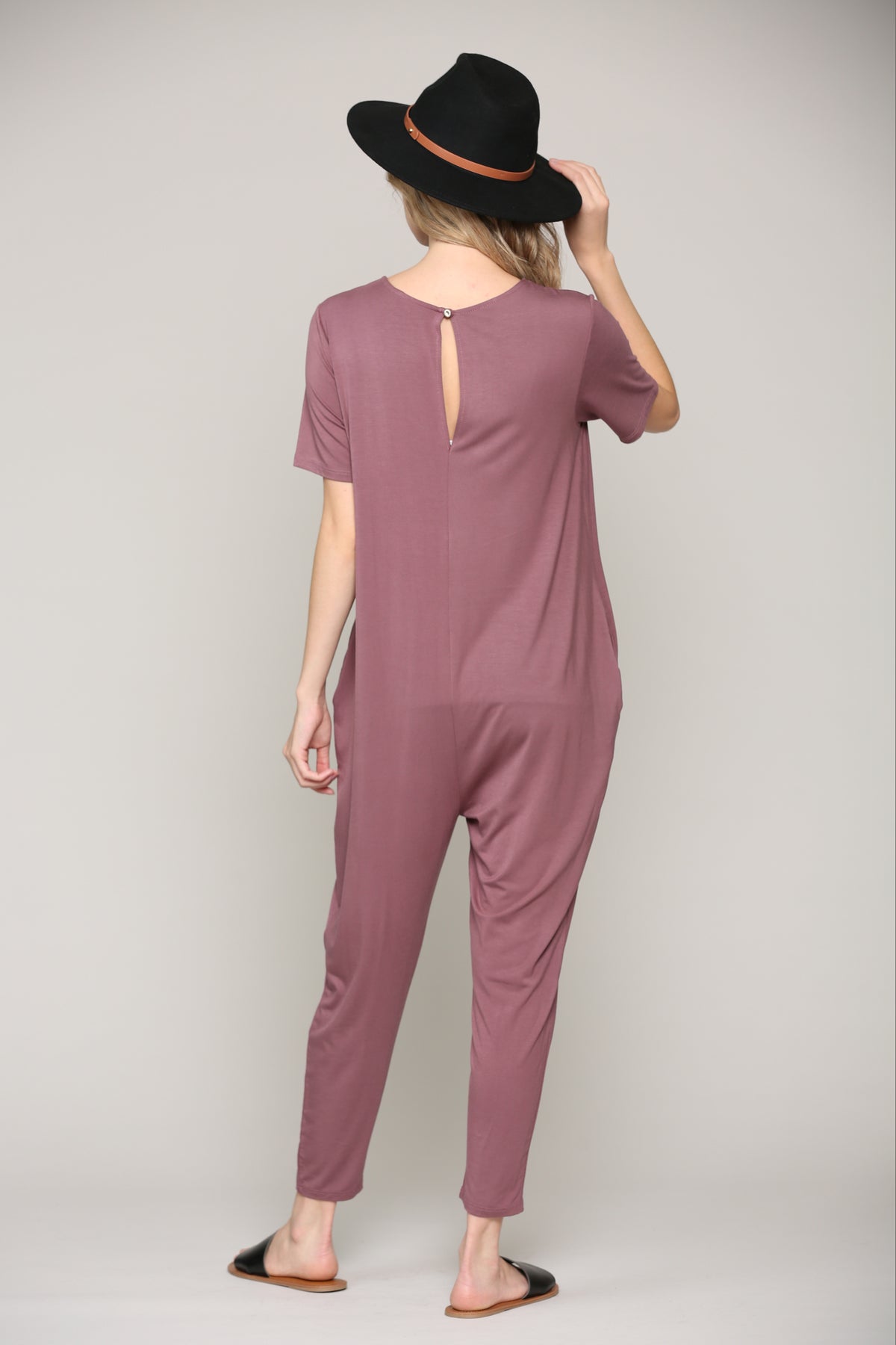 Dark Mauve Solid Modal Keyhole Back Jogger Maternity Jumpsuit