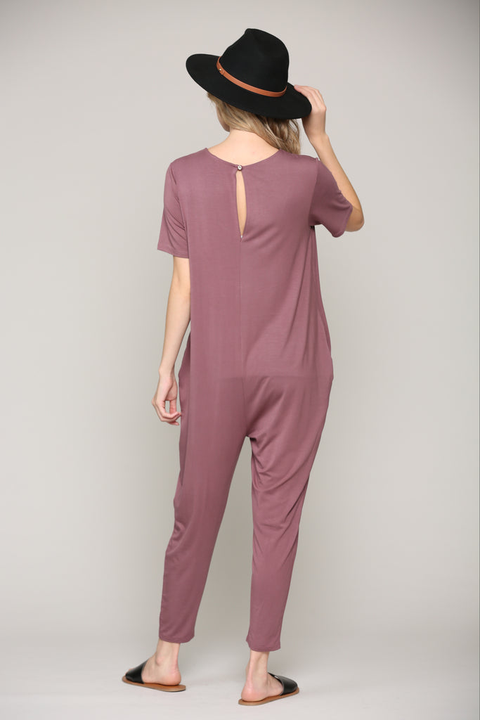 Dark Mauve Solid Modal Keyhole Back Jogger Maternity Jumpsuit