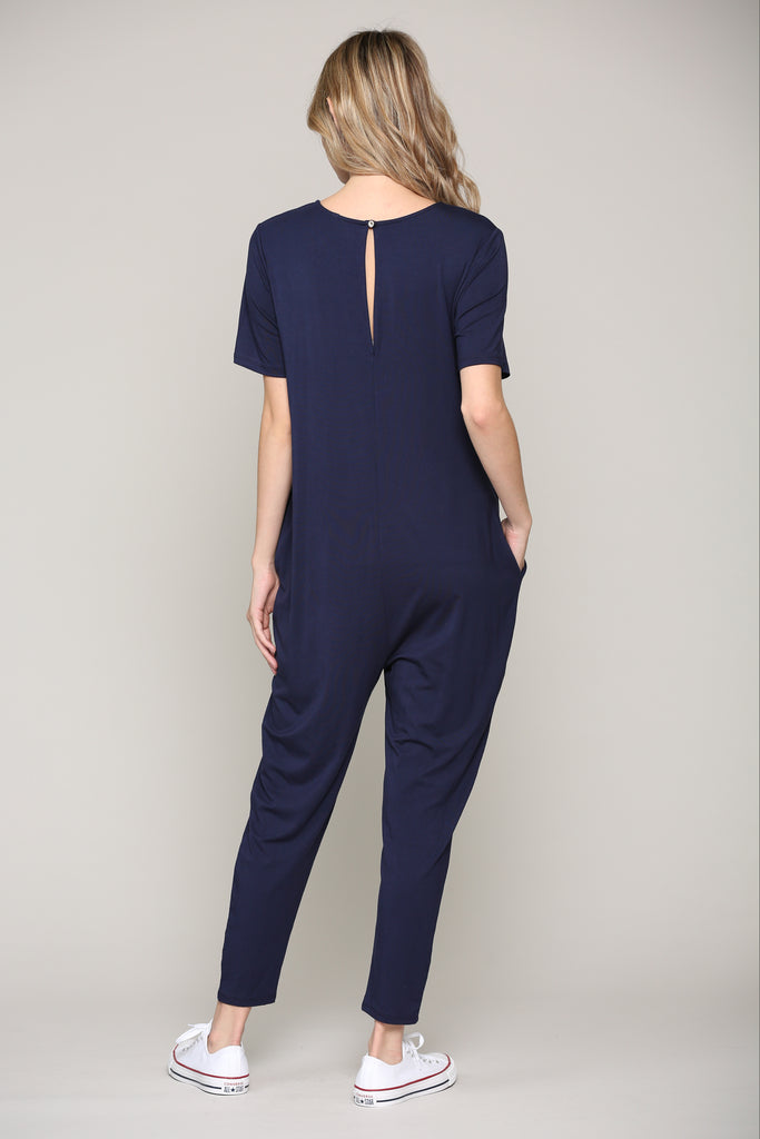 Navy Solid Modal Keyhole Back Jogger Maternity Jumpsuit