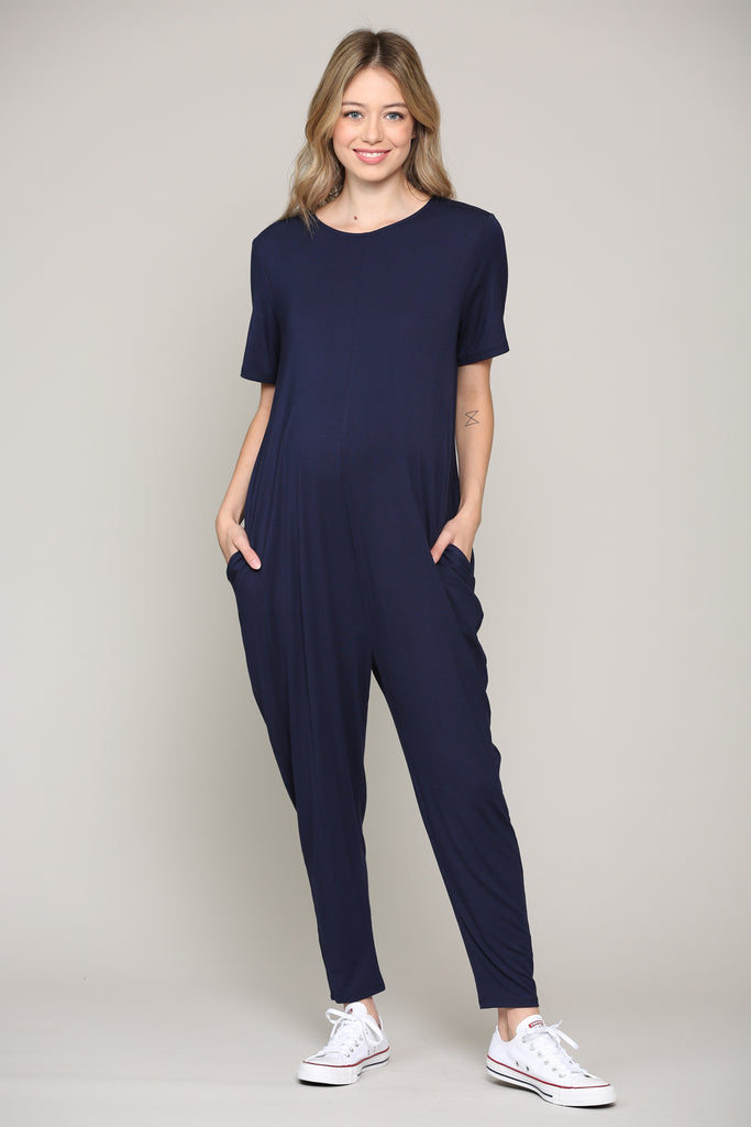 Navy Solid Modal Keyhole Back Jogger Maternity Jumpsuit