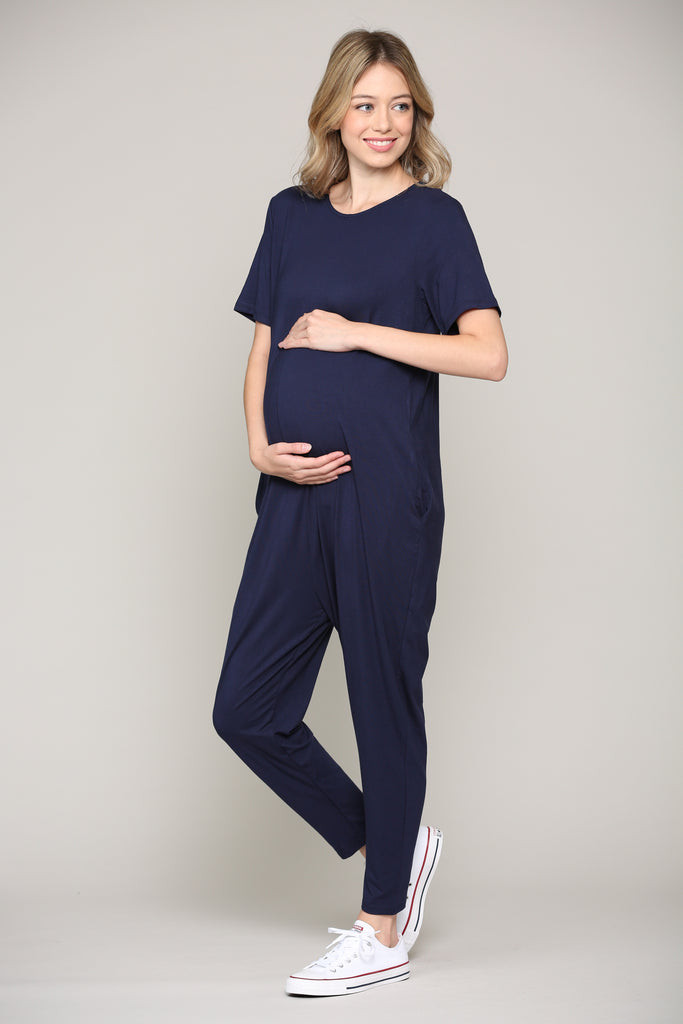 Navy Solid Modal Keyhole Back Jogger Maternity Jumpsuit