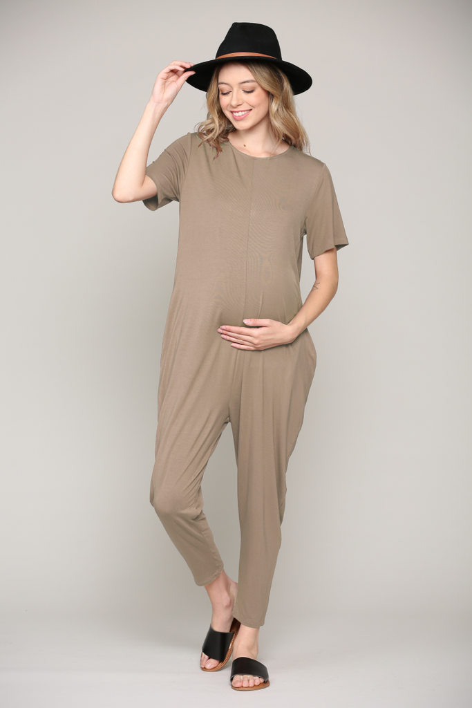 Taupe Solid Modal Keyhole Back Jogger Maternity Jumpsuit