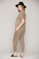 Taupe Solid Modal Keyhole Back Jogger Maternity Jumpsuit