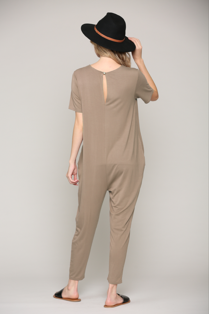 Taupe Solid Modal Keyhole Back Jogger Maternity Jumpsuit