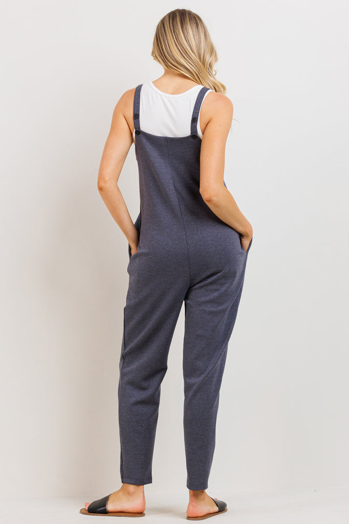 Navy Zipper Front with Adjustable Shoulder Maternity Jumpsuit