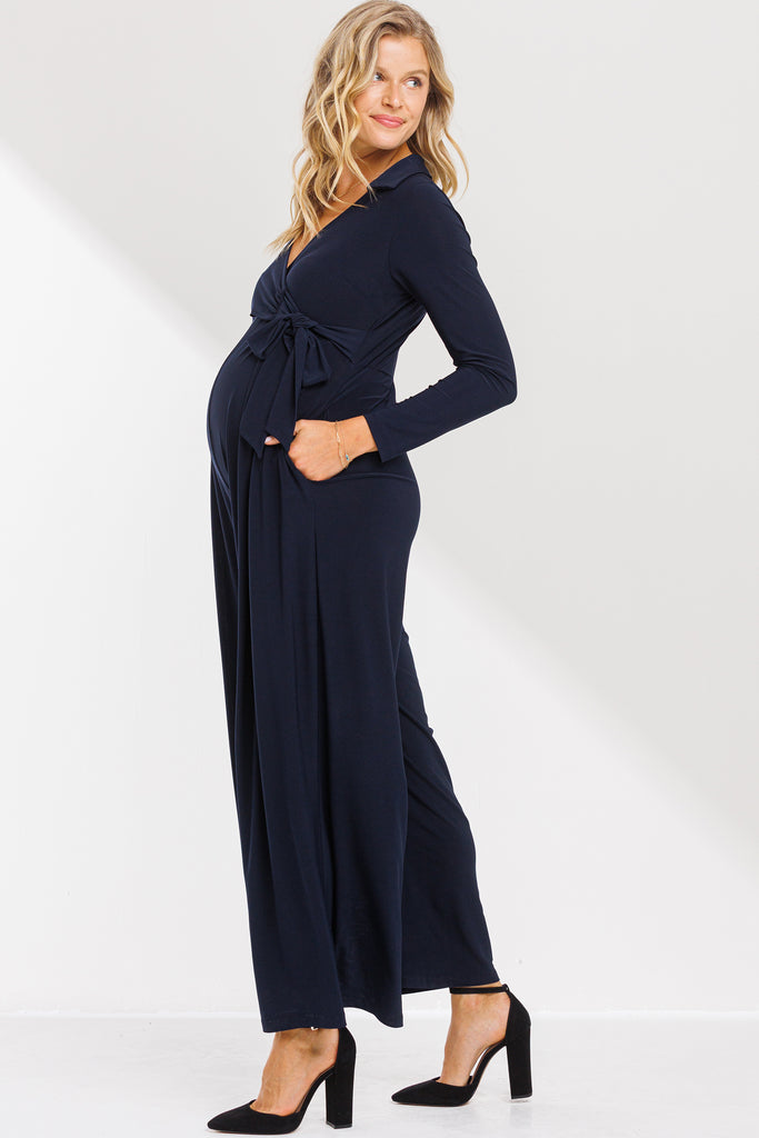 Navy Faux Wrap Wide Leg Maternity Jumpsuit