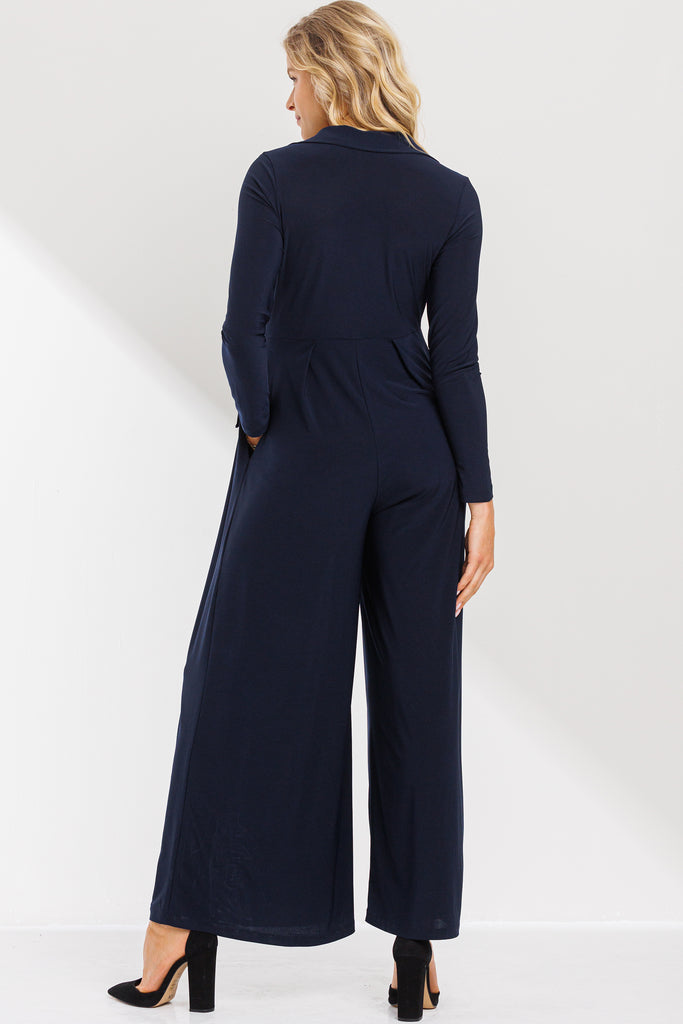 Navy Faux Wrap Wide Leg Maternity Jumpsuit