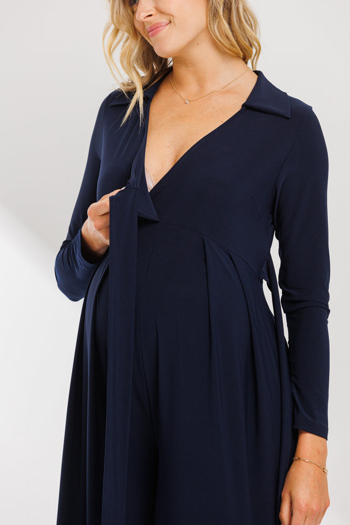 Navy Faux Wrap Wide Leg Maternity Jumpsuit