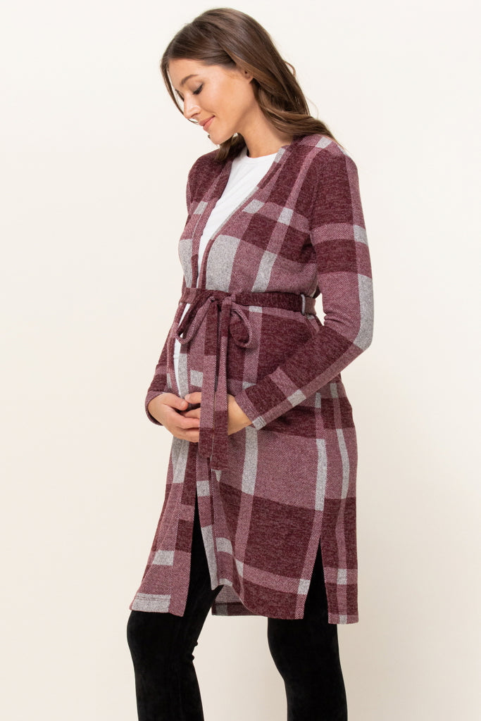 Burgundy Sweater Knit Plaid Open Front Waist Belt Cardigan