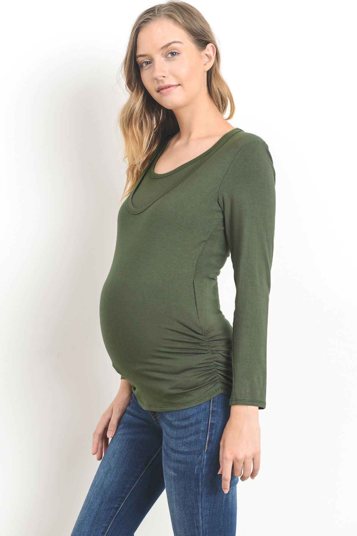 Ruched Long Sleeve Maternity & Nursing Top in Olive